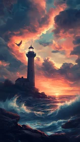 Stormlit lighthouse guards blazing sunset horizon seascape.