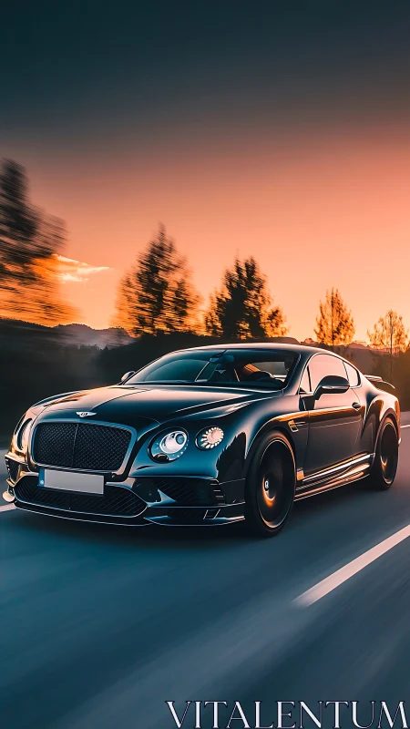 Midnight luxury coupe racing under vivid sunset sky.