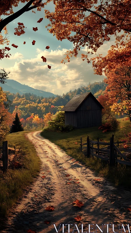 Cozy country lane winding toward a quiet autumn cabin.