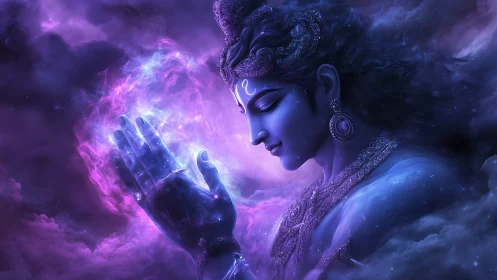 Divine blue deity in profile channels radiant cosmic energy