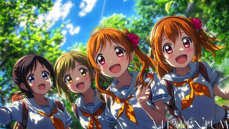 Anime schoolgirls in summer forest with bright sunlight.