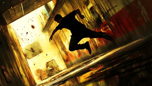 Urban leap into golden light and painted concrete walls.