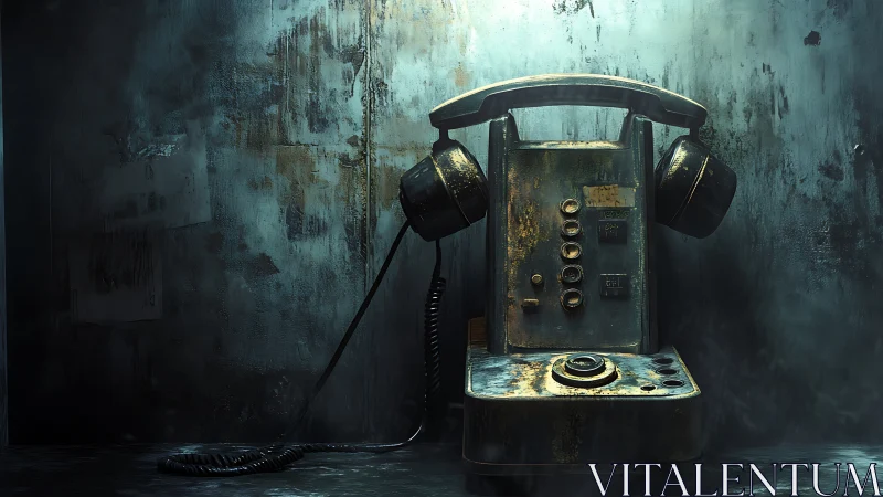 Rustic industrial phone glows under cold cinematic light.