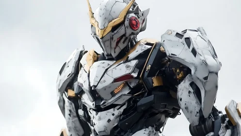 Photorealistic white combat mecha with weathered armor detailing.