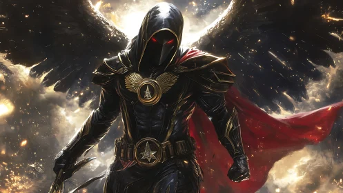 Winged shadow guardian strides through a storm of light.