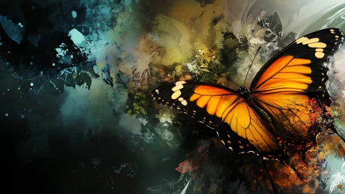 Radiant monarch butterfly emerges from abstract color storm.