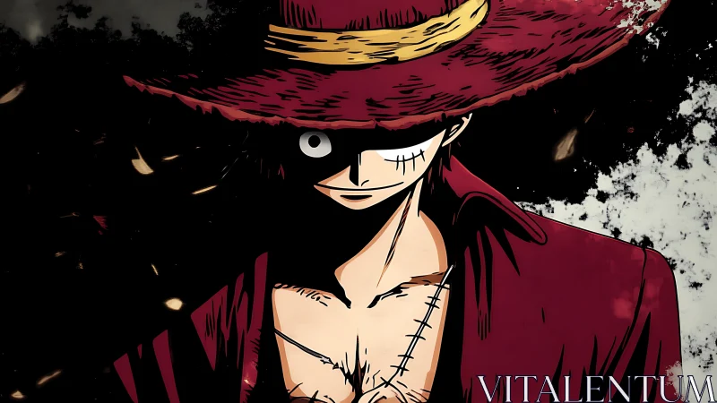 Shadowed pirate captain in crimson hat and coat portrait.