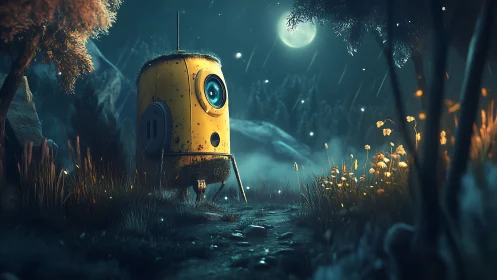 Nocturnal micro-lander in bioluminescent forest clearing.