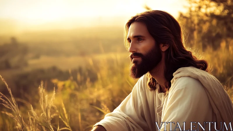 Soft sunset contemplation in quiet golden hillside field.