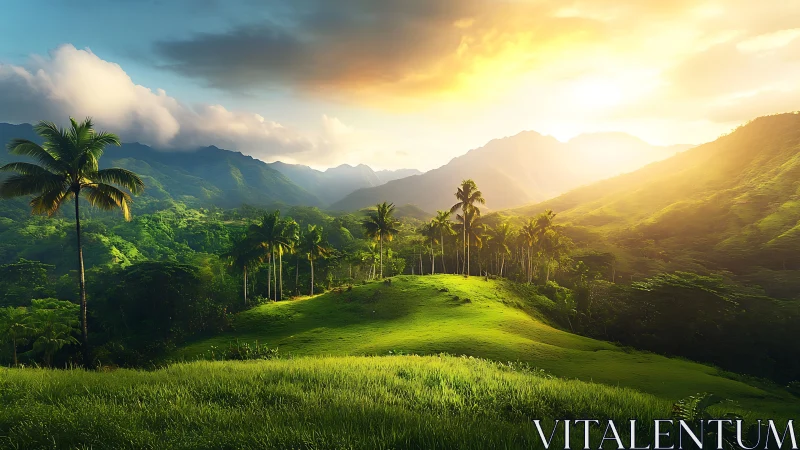 Sunlit emerald valley crowned with palms and distant peaks.