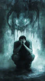 Crouched soul beneath a dripping nightmare of shadowed dread.