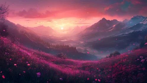 Radiant sunset pours over a dreamlike valley of pink blooms