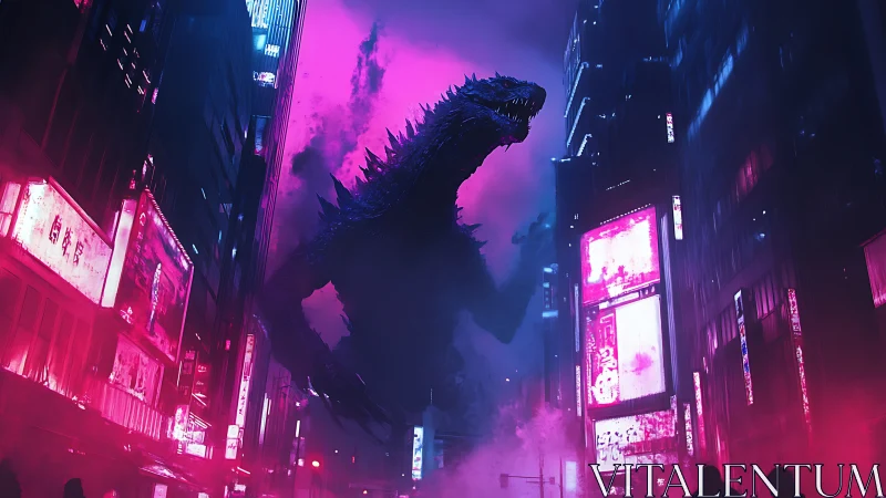 Neon kaiju towering over cyberpunk city canyon at night.