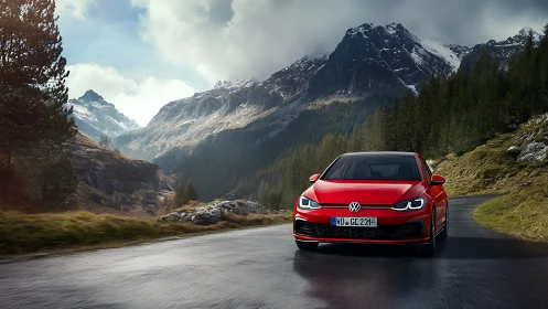 Red Volkswagen hatchback driving on wet alpine mountain road.