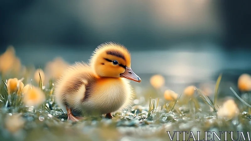 Macro portrait of duckling in dewy meadow with bokeh light