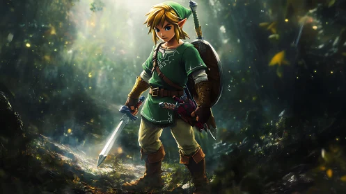 Armored elf warrior with sword in dense forest setting.