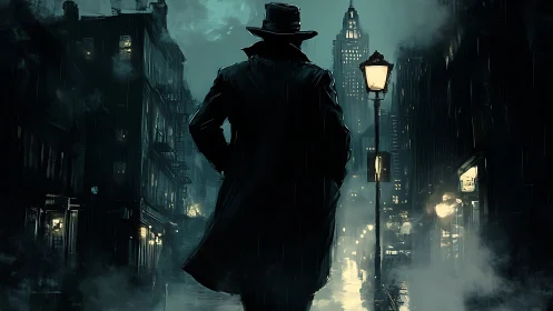 Midnight detective strides through a rain-soaked city street
