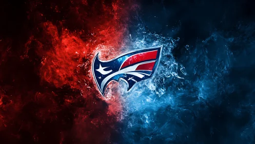 Red and blue abstract emblem with opposing color fields.