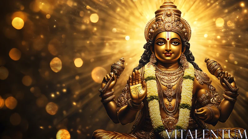 Golden Hindu deity statue sits before radiant light halo