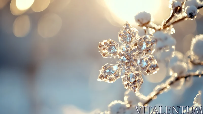 Crystal snowflake ornament on frosty winter branch at sunrise.