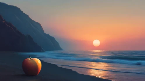 Surreal coastal sunset with hyperreal apple foregrounded.