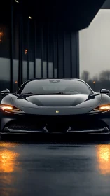 Photorealistic low-angle supercar front on wet urban tarmac.