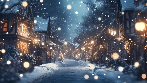 Snow covered village street with illuminated houses at night.
