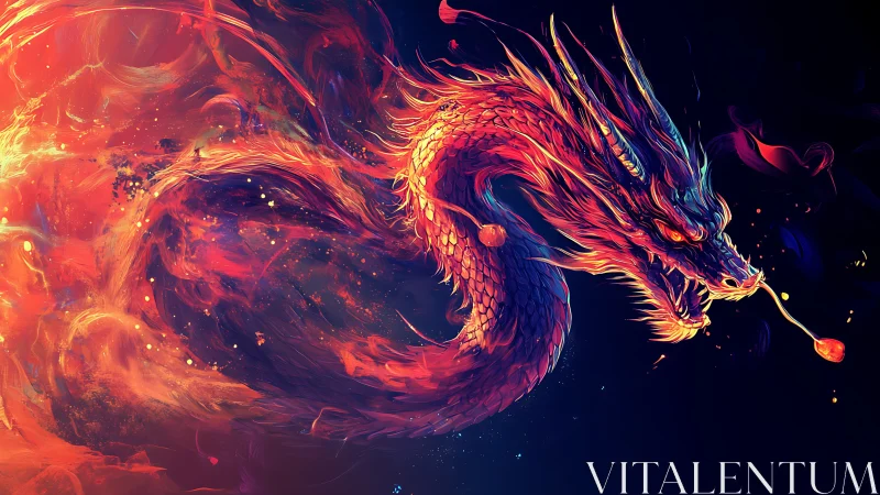 Blazing cosmic dragon curling through painted starlight.