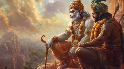 Divine warrior dialogue above ancient temple cityscape.