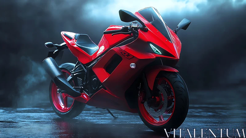 Angular red superbike under misty blue cinematic lighting.