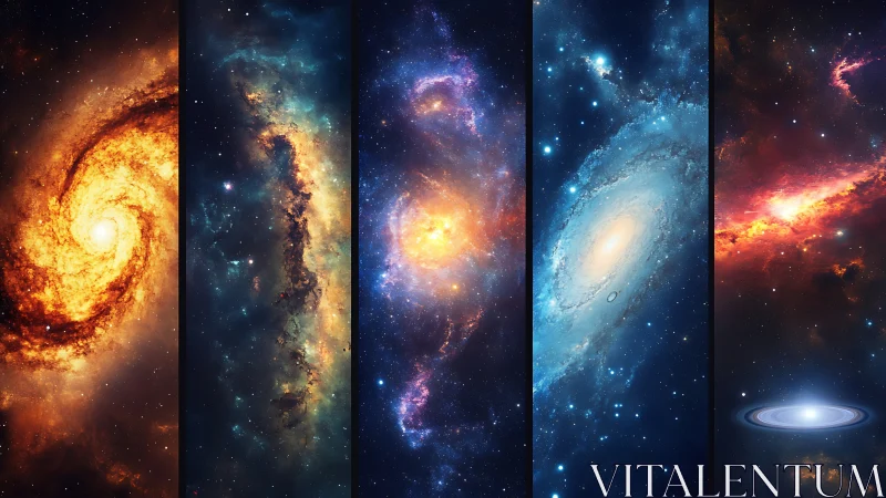 Cosmic spiral panoramas show glowing multicolored galaxies.
