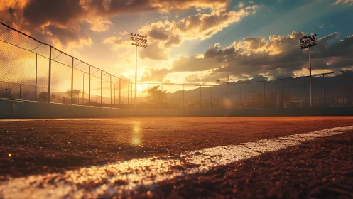 Empty outdoor sports court under dramatic sunset sky.