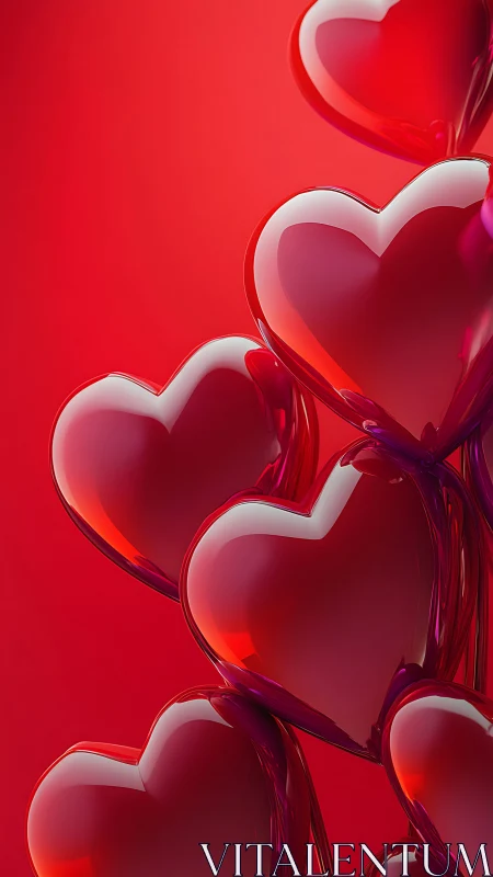 Glossy Three-Dimensional Hearts on Red Background
