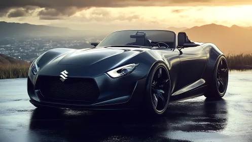 Low-slung metallic roadster on wet asphalt at sunset