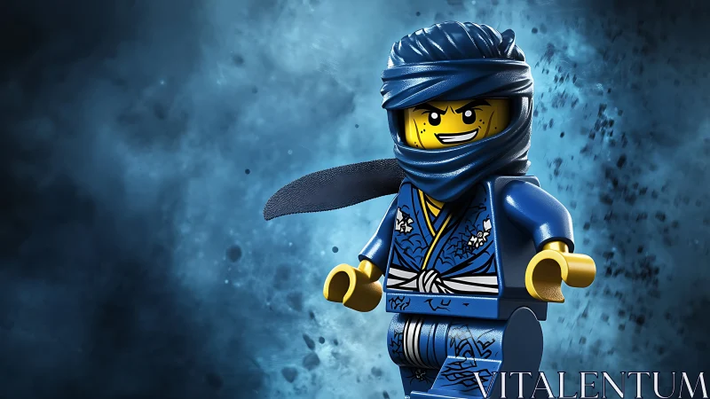 Blue plastic ninja minifigure in action on smoky backdrop.