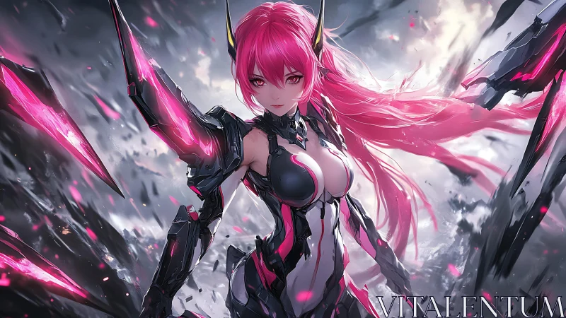 Cybernetic pink-haired mech warrior in storm of shards.