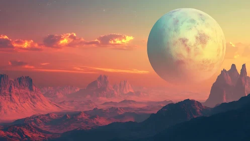 Distant large planet above rugged alien desert landscape.