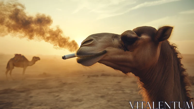 Sunset desert camel poses with cigarette in surreal haze