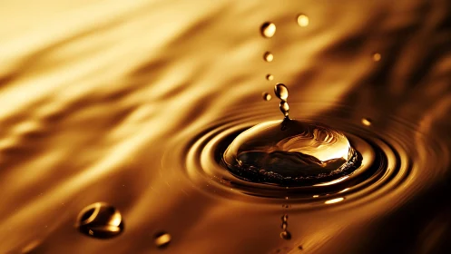 Golden liquid droplet crowns surface with concentric ripples