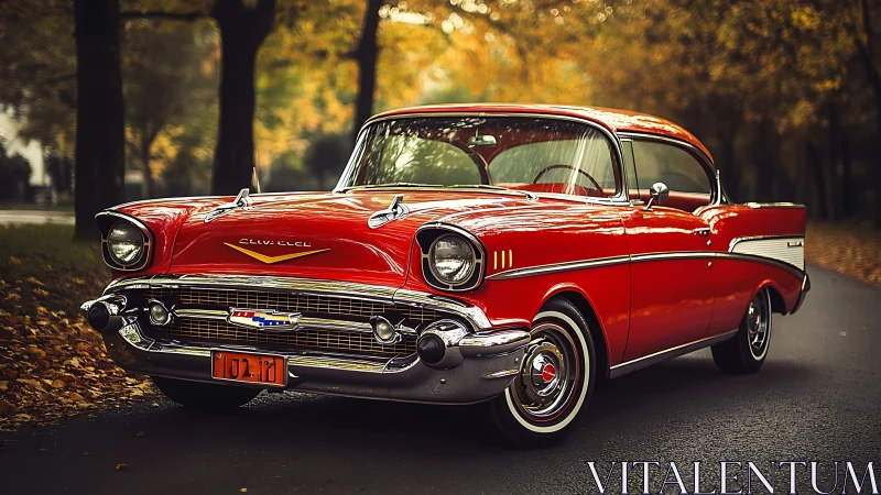 Red 1957 Chevrolet Bel Air parked on forest road.