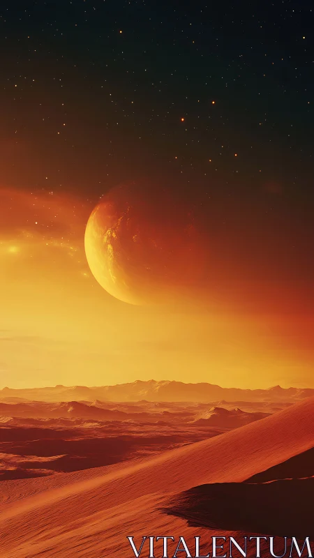 Alien desert horizon glows beneath looming molten planet.
