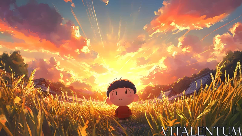 Soft evening sun welcomes a cheerful child in golden fields