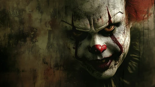 Close view shows painted clown face in dim, textured space