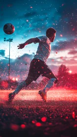 Soccer player kicking ball on wet field under stadium lights.