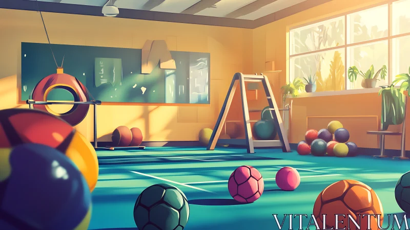Sunlit indoor playroom with colorful sports balls scattered.