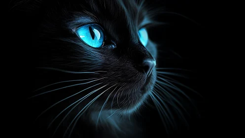 Black Feline with Luminous Cyan Eyes Against Void Background.