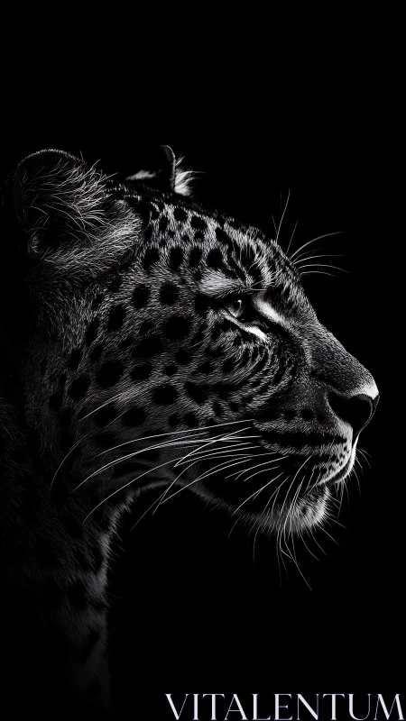 Leopard side profile in high contrast monochrome study.