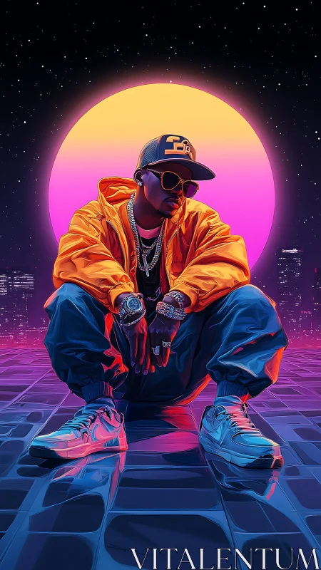 Neon hip hop portrait under glowing retro sunset orb.