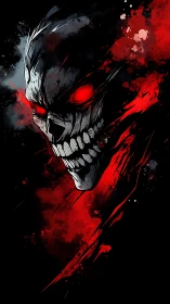 Skull-like figure with red glowing eyes on dark backdrop.