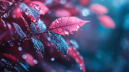 Neon rain-kissed leaves glow under moody bokeh light.